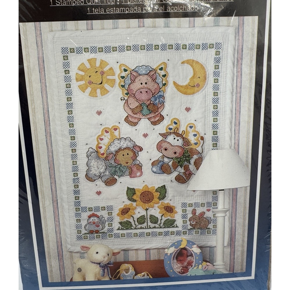Vintage WonderArt Heavenly Creatures Stamped Quilt Top Nursery Animals 27x36 Kit